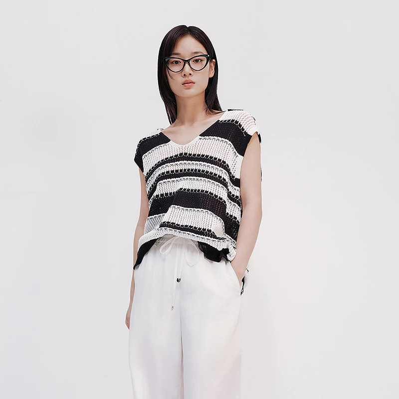 【商场同款】HPLY荷比俪25夏含棉宽松条纹休闲针织衫HYF24650096