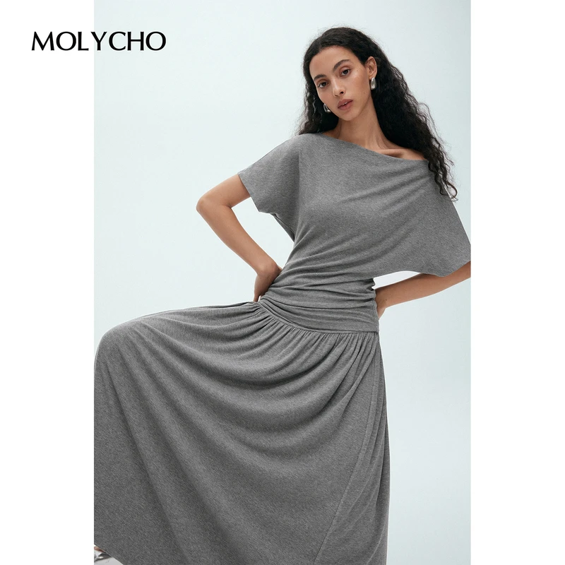 MOLYCHO｜散步套装 一字领短袖T恤上衣女夏季垂感碎褶半身裙两件套