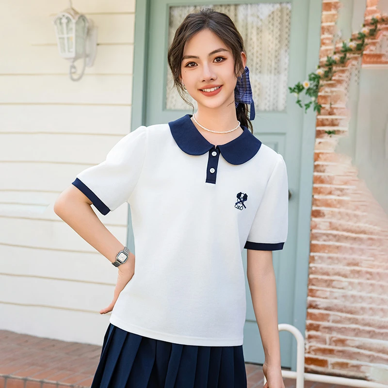 少女学生短袖t恤2025新款女大童夏季娃娃领休闲上衣高初中生夏装