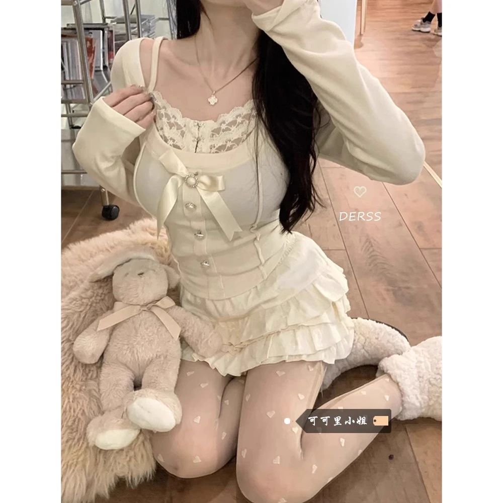 芭蕾风假两件打底T恤女秋冬2025新款蝴蝶结纯欲长袖上衣+短裙套装