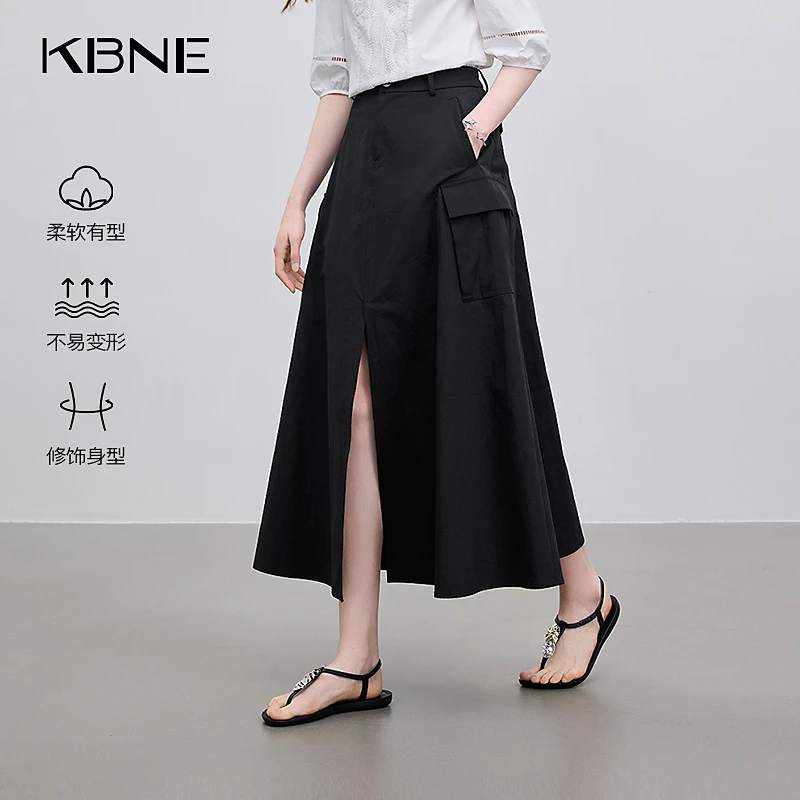 KBNE半身裙女款爆款2024新款工装风休闲显瘦中长款半裙开叉a字裙