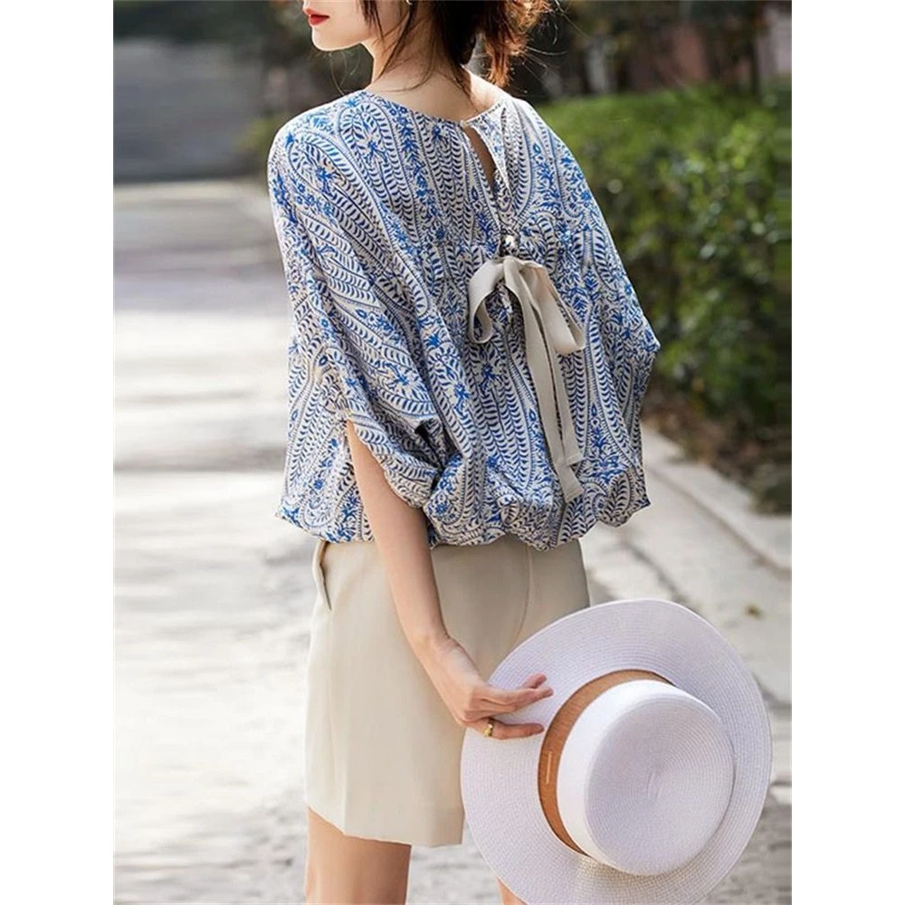 TT女装夏雪纺上衣2024气质蝙蝠袖+后蝴蝶结衬衫