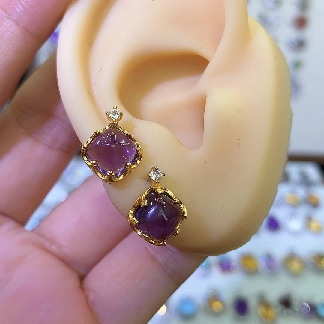 紫晶耳饰银S925镶嵌需要证书备注
