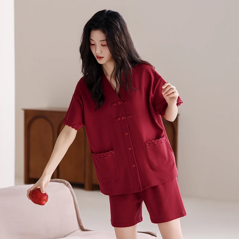 夏季红色睡衣女士红色本命年开衫2025新款短袖结婚喜庆家居服夏天
