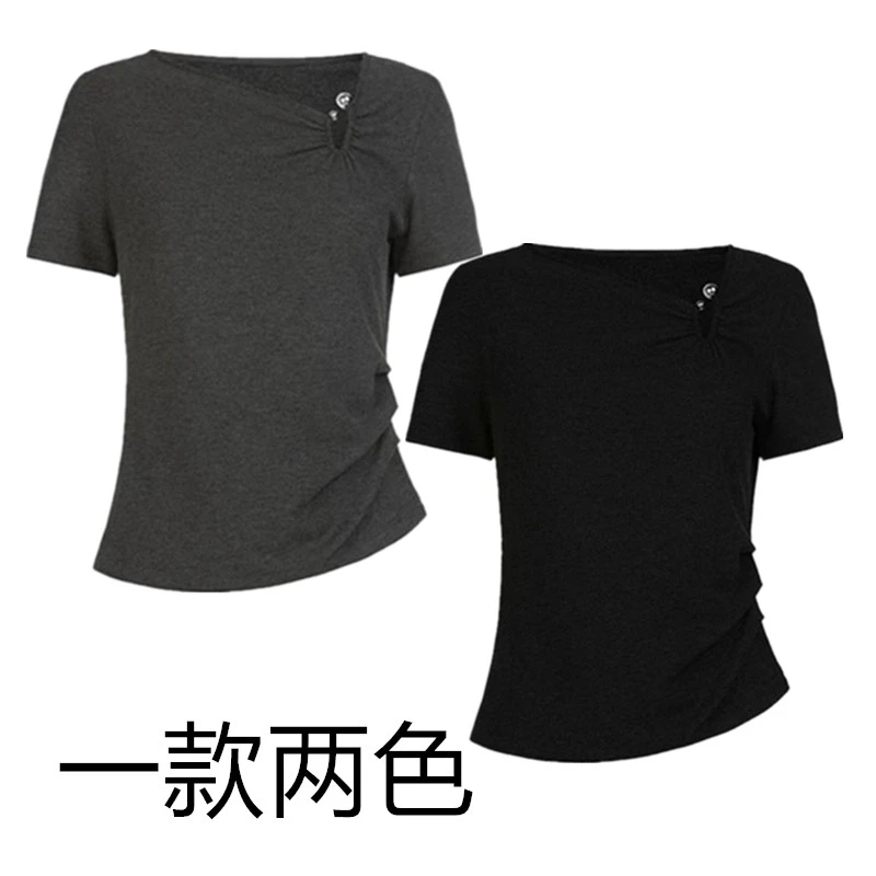 新款夏季时尚抽褶女士T恤纯色设计感不规则百搭修身短袖高弹力t恤