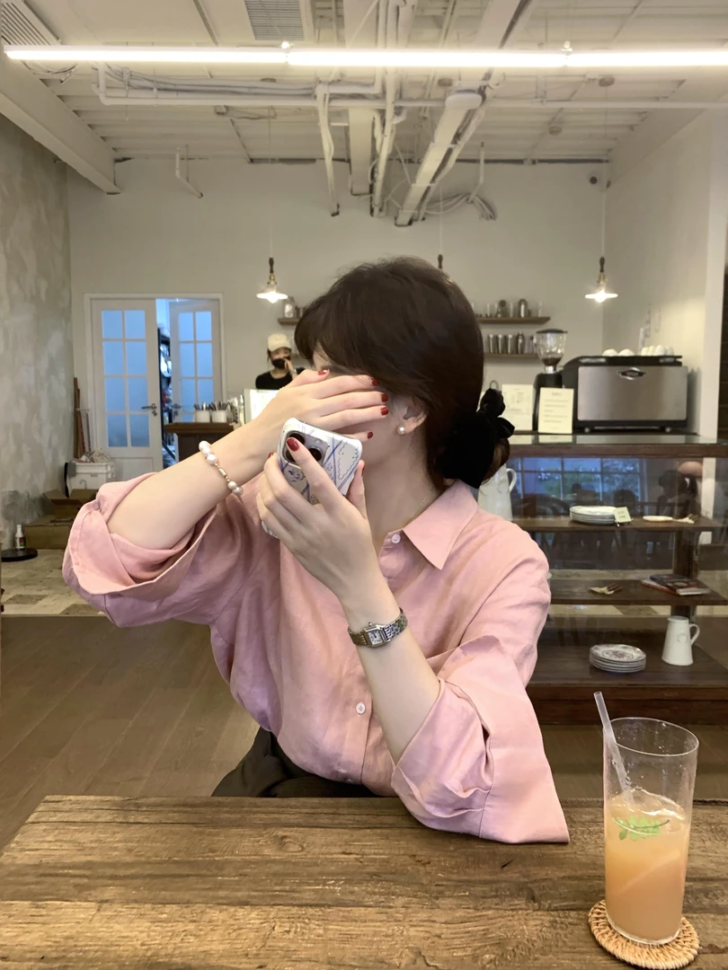 【桃桃乐】韩系ins风休闲高级感粉色衬衫搭配灰色长裤气质套装显白