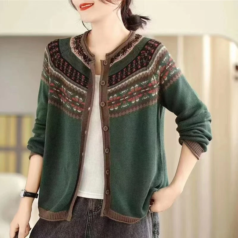 2240春季新款文艺复古宽松开衫毛衣女时尚圆领单排扣长袖针织外套