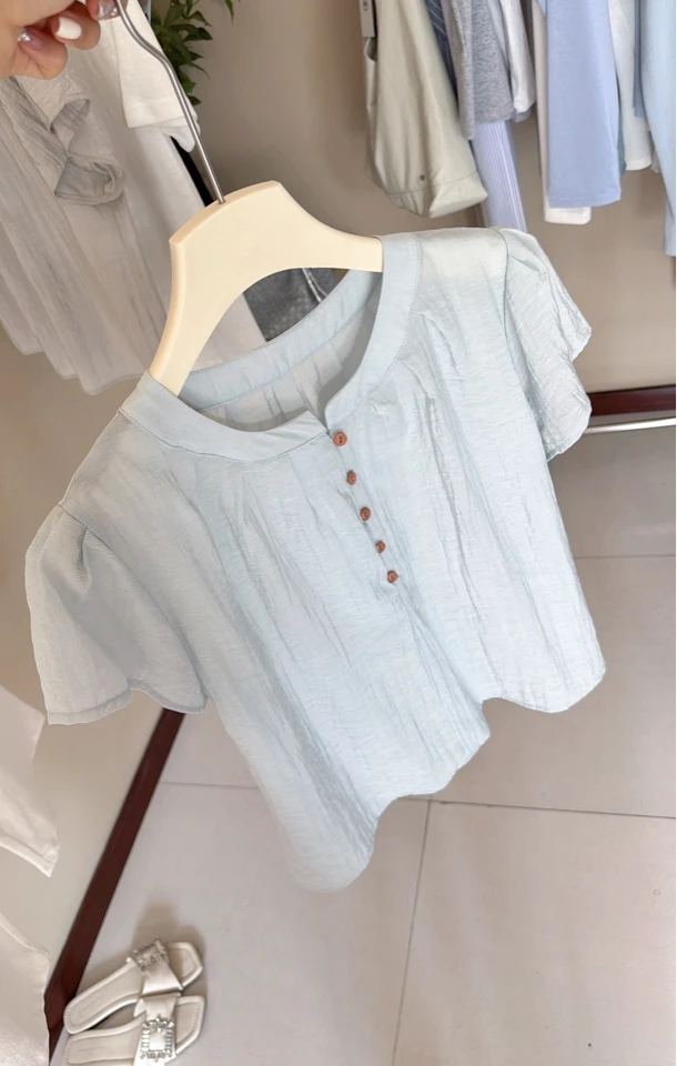 Flower.韩国_seoul夏季新款蓝色苎麻小飞袖