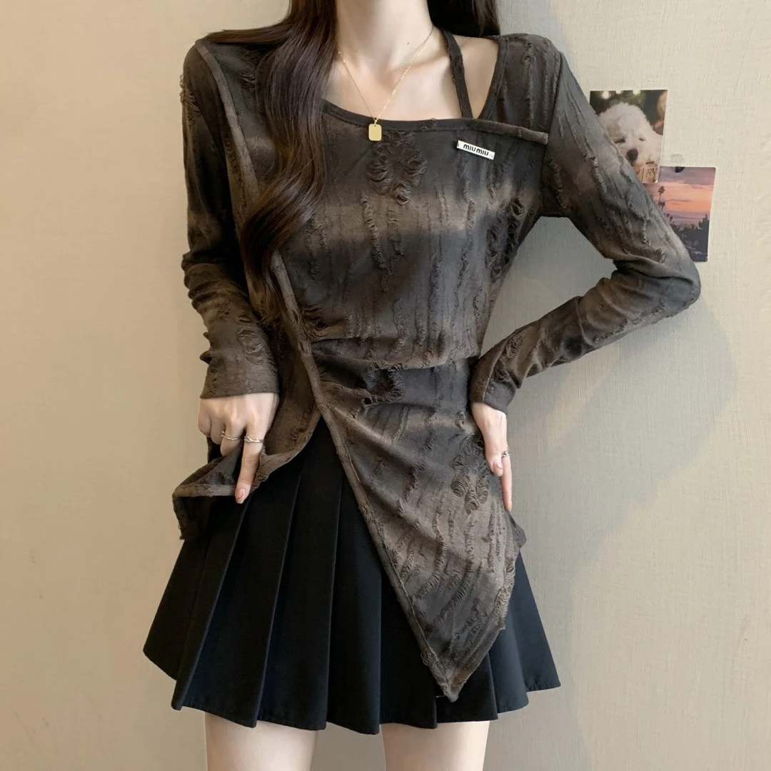 秋季新款韩版大码不规则特色套头款打底长袖上衣女装