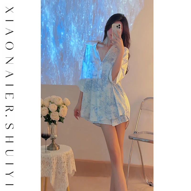 【梦幻星空】碎冰蓝衬衫裙睡裙女收腰显瘦可外穿