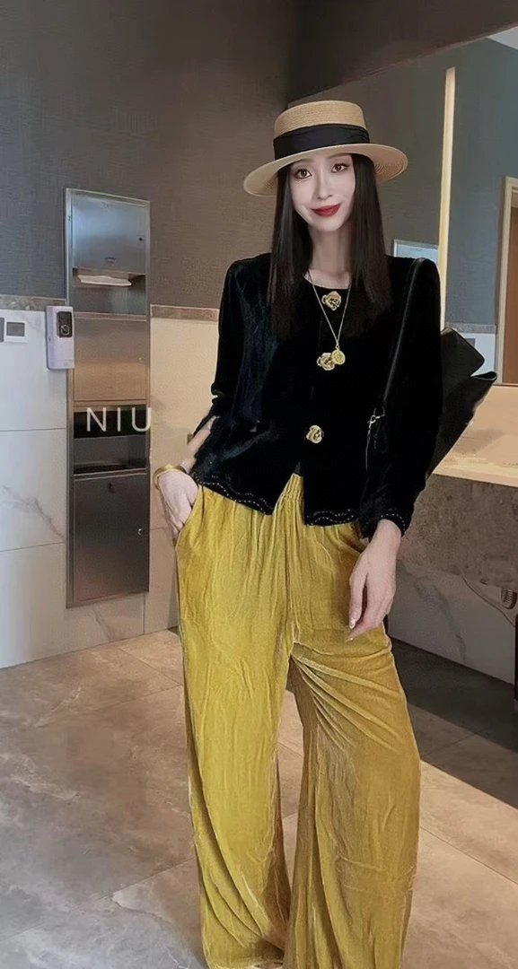 小香风立体钉珠花朵100%桑蚕丝真丝丝绒外套