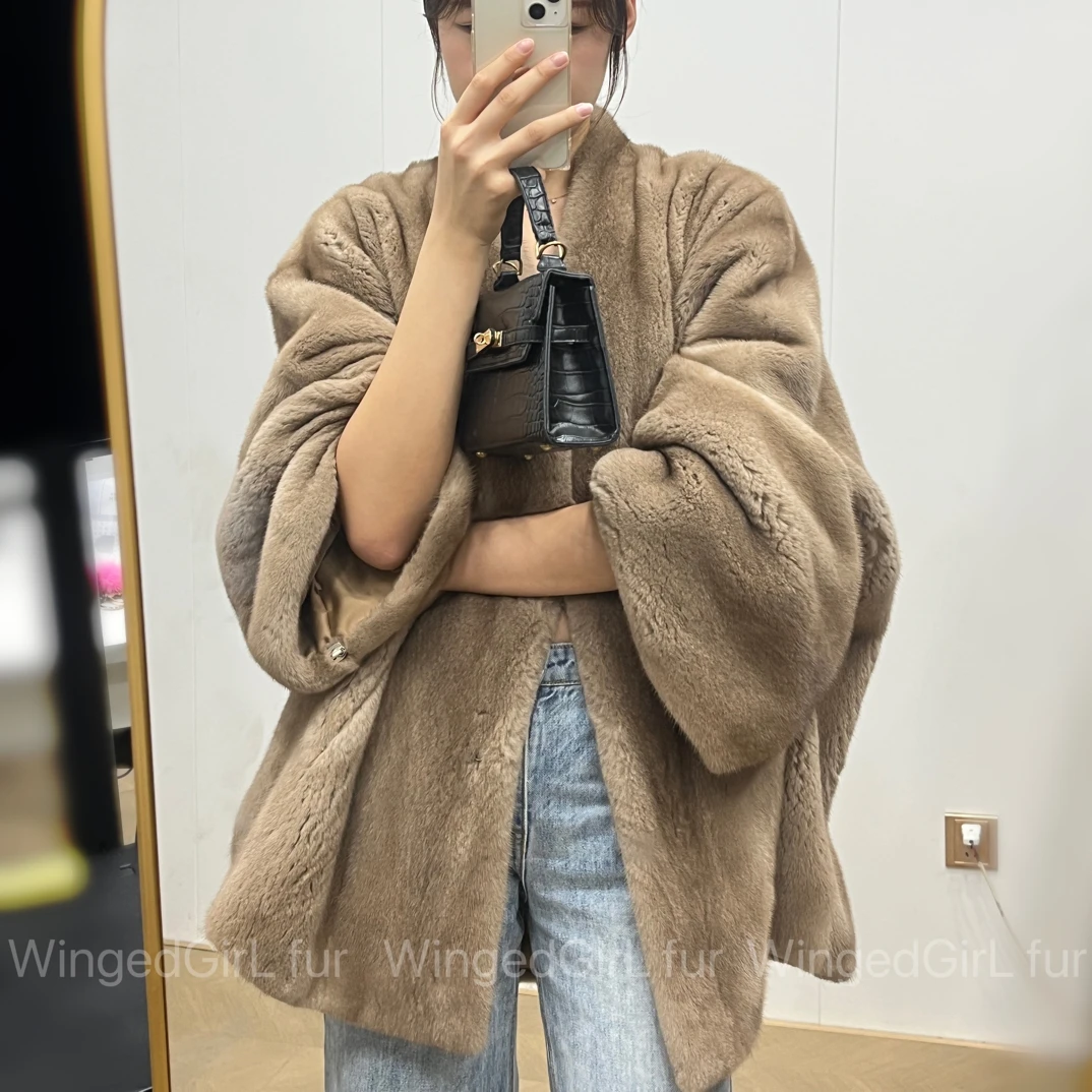 新款V领女士oversize全挖削水貂大衣气质整貂外套时尚阔版流光风