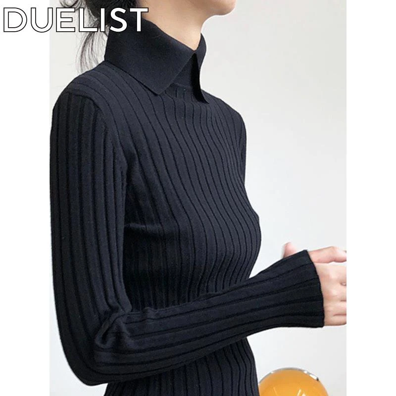 DUELIST秋长袖针织衫衫娃娃领女针织衫百搭修身时尚黑色西式上衣