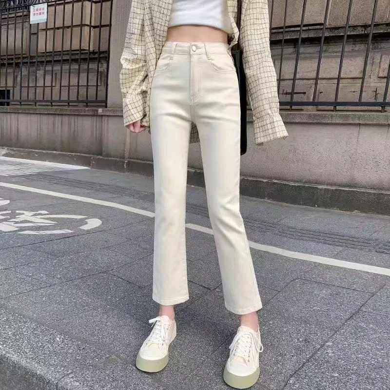 牛仔裤女2025春季新款高腰显瘦百搭米白黑色烟管直筒裤子