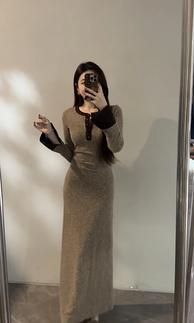 【苏苏】 长裙长袖冬季新款拼接连衣裙加绒双层收腰复古裙子DT1866