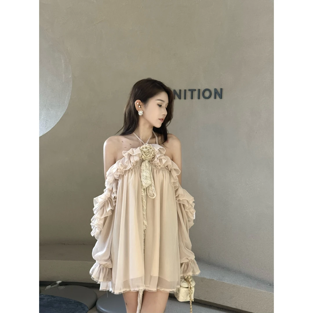 ClassicVibe 高品质夏季法式气质海边度假小个子吊带挂脖露背连衣