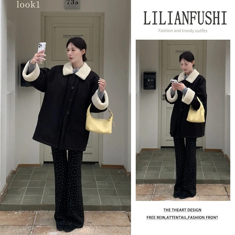 韩系穿搭2025秋冬新款百搭宽松长袖棉服外套显瘦波点微喇裤两件套