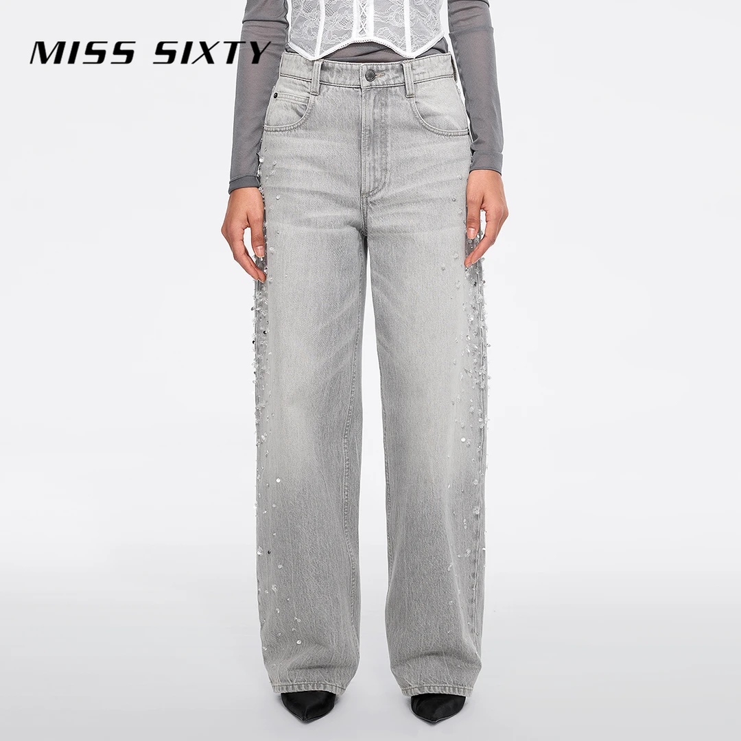 【商场同款新品】Miss Sixty2025春季牛仔裤高腰复古阔腿裤重工钉珠