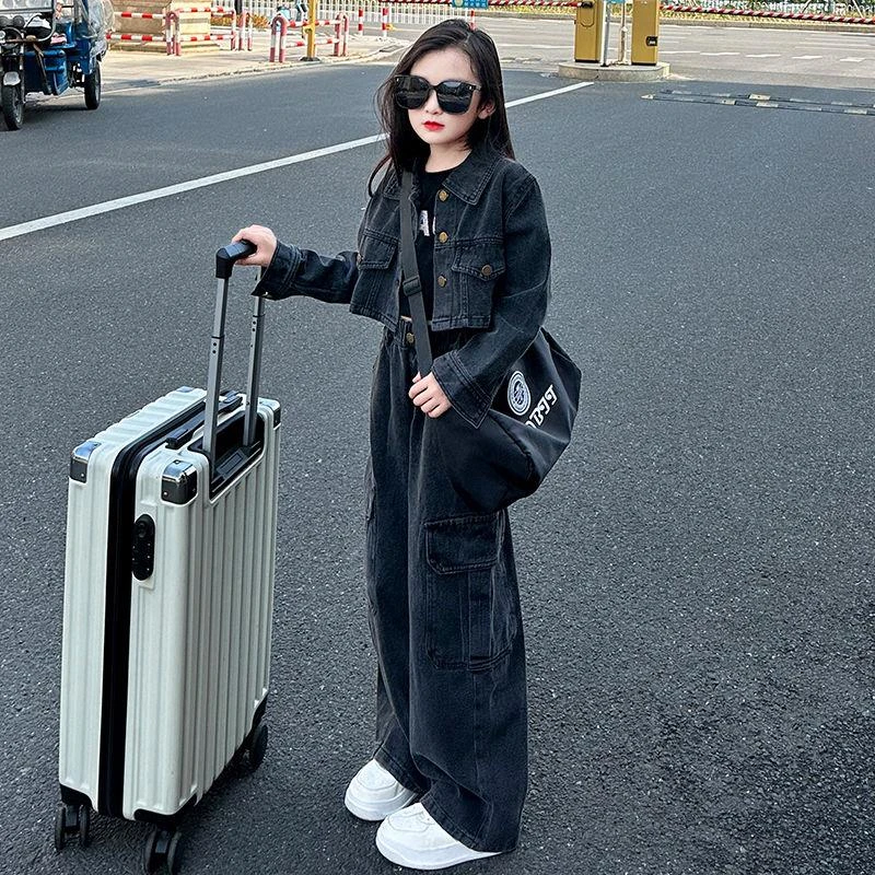 女童牛仔套装春装洋气2025新款时髦女大童工装炸街儿童春秋阔腿裤