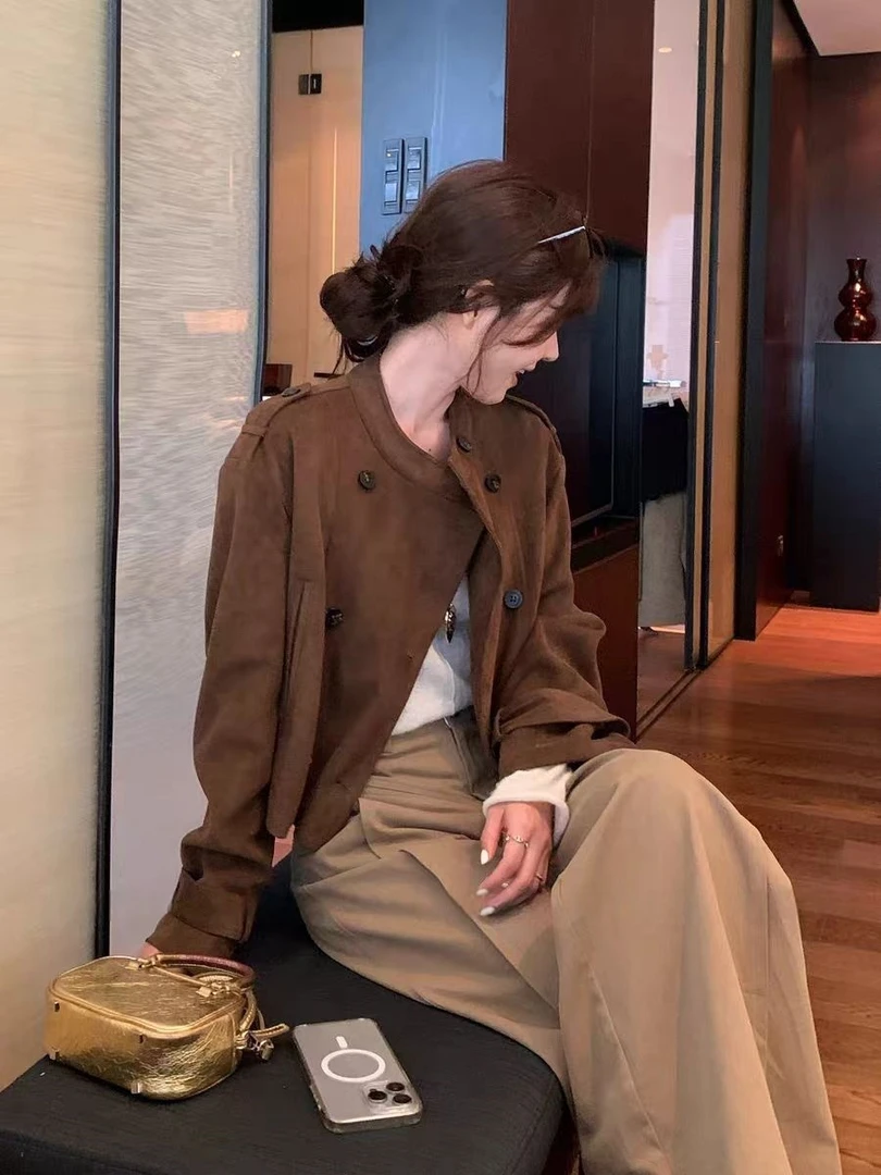 复古麂皮绒经典款双排扣夹克2025秋季新款小个子高级感机车短外套