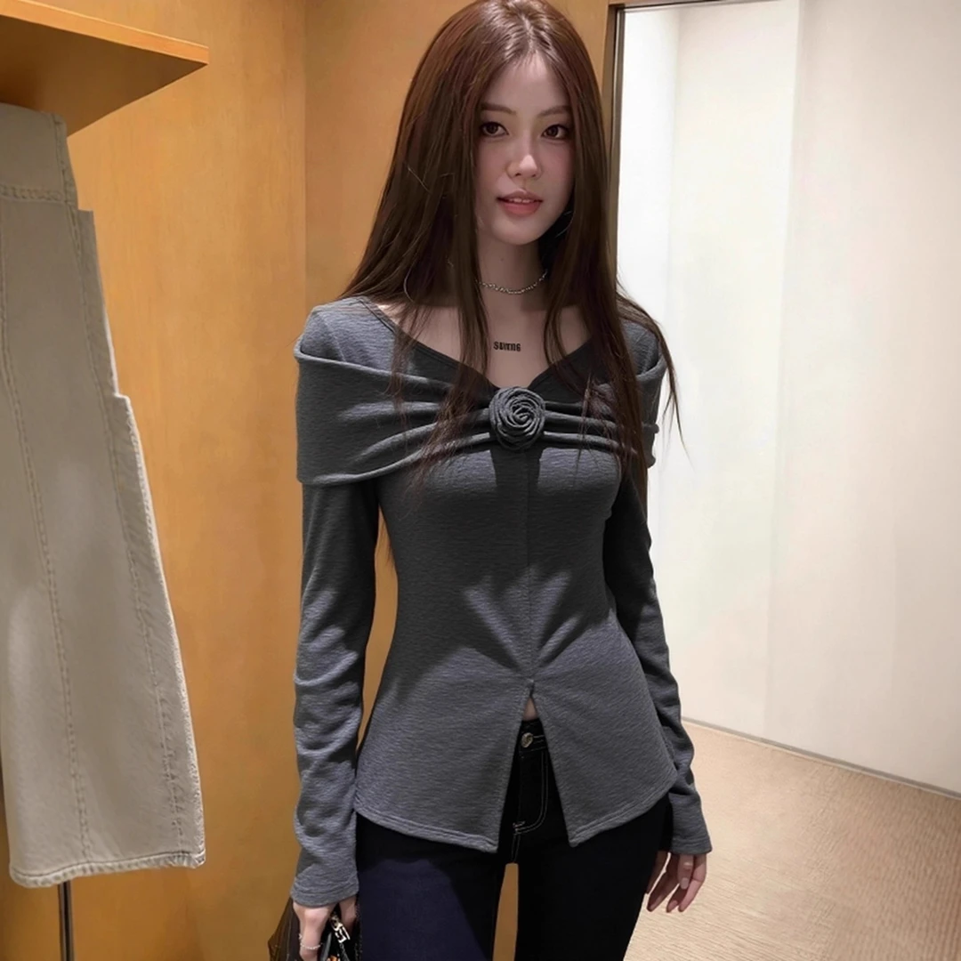 秋冬独特超好看上衣女韩系轻熟风小众设计感洋气减龄通勤灰色T恤