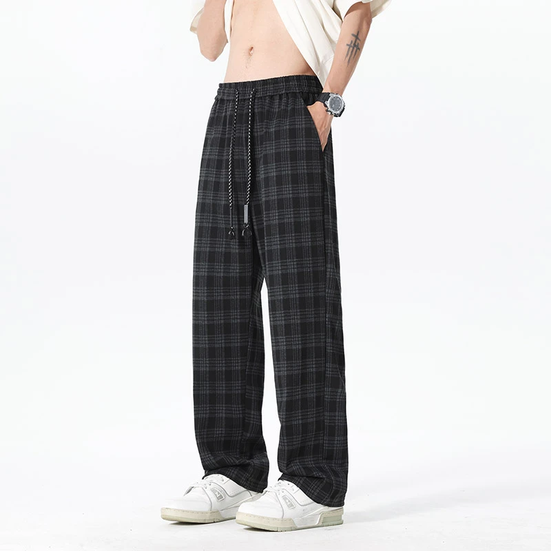 春秋格子男英伦直筒垂感ins潮牌港风大码潮流百搭复古宽松休闲裤
