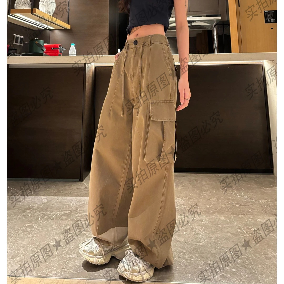 春季新款美式复古女显瘦宽松阔腿工装裤纯棉水洗设计感长裤休闲裤