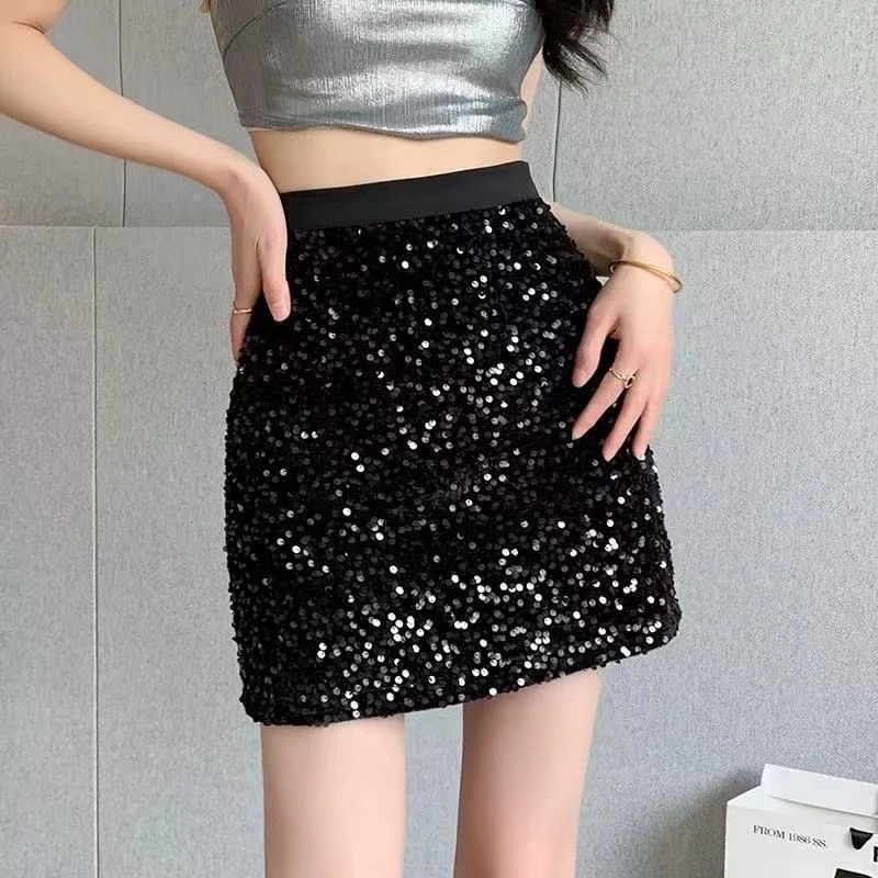 8906法式复古高腰修身百搭高级感包臀黑色亮片半身闪闪短裙女