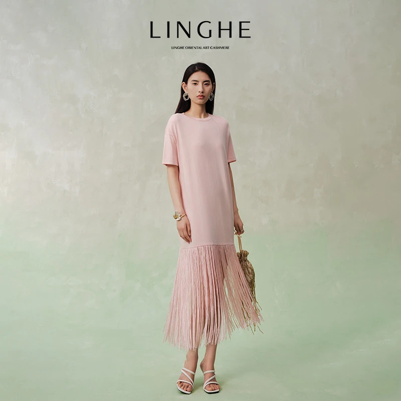 Pinkdrizzle× 翎禾LINGHE-「桃花源记」温柔流苏遮肉显瘦休闲连衣裙