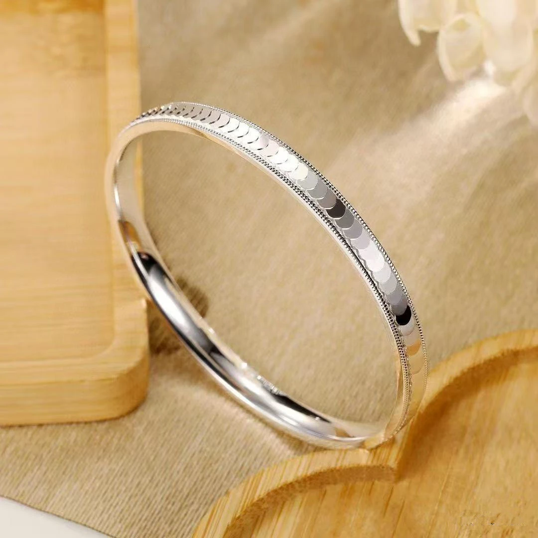 足银手镯 999.9新款爆闪cnc龙鳞车花闭口手镯