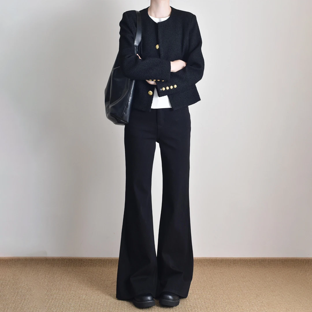 大码黑色遮肉微喇牛仔裤女秋季款梨形身材弹力遮胯显瘦百搭喇叭裤