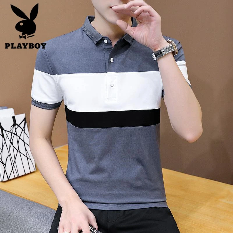 花花公子夏季新款纯棉男polo衫T恤休闲商务高端条纹拼色翻领上衣
