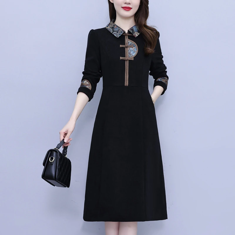 新中式国风旗袍连衣裙女2025春装新款长袖妈妈贵夫人品牌丝绒裙子