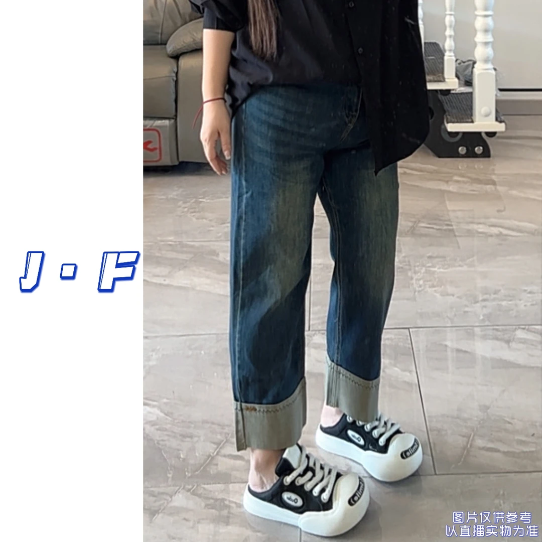JF定制大码女装8285休闲百搭高腰九分水洗牛仔挽边直筒裤