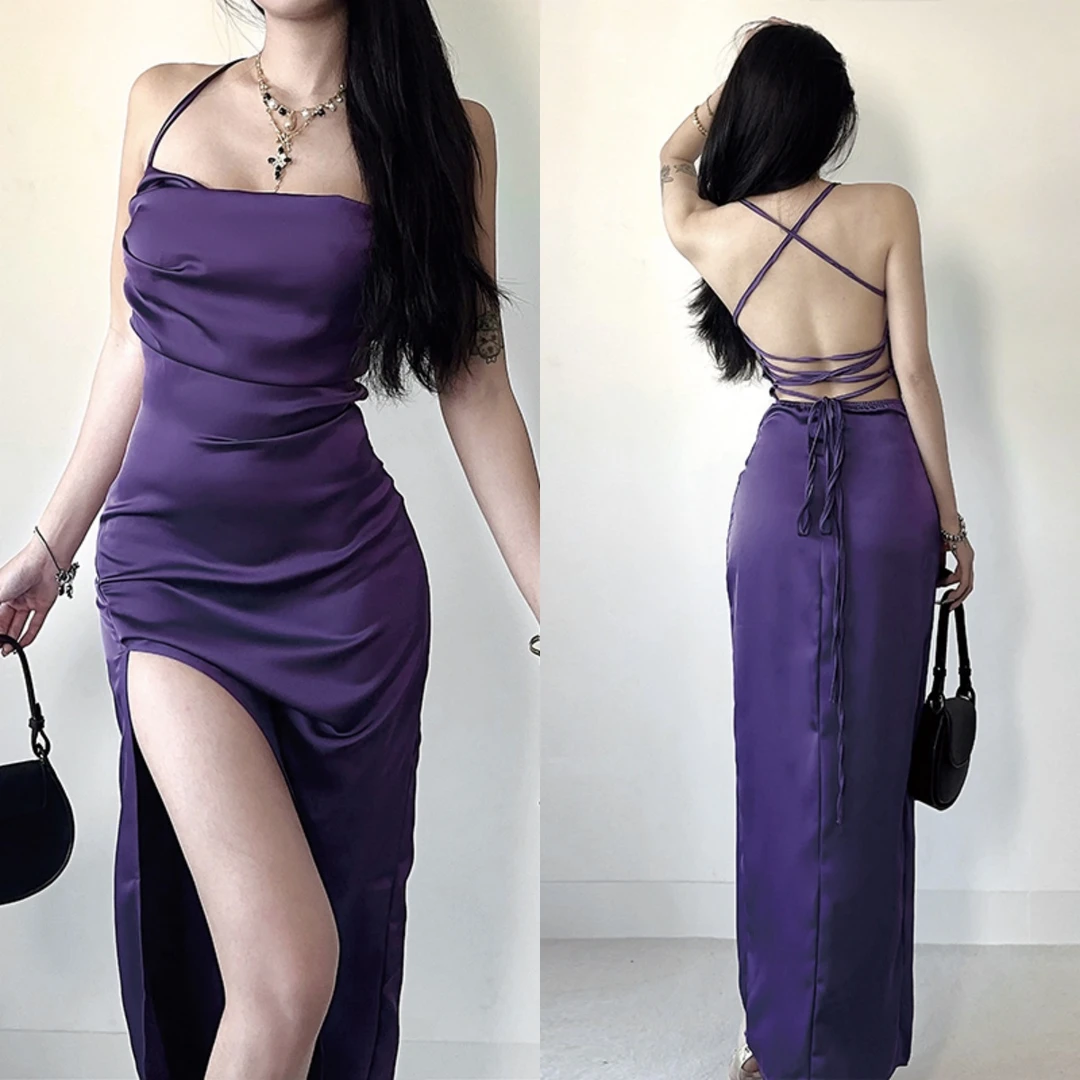 时尚御姐轻奢气质紫色吊带连衣裙女新款露背绑带性感缎面长裙