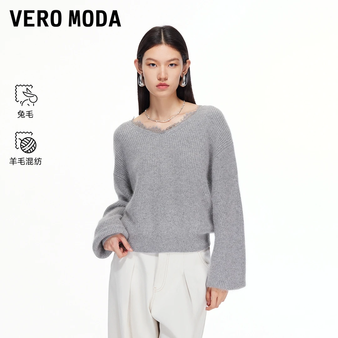 Vero Moda针织衫女2025冬季新款含兔毛绵羊毛蕾丝针织衫325413041
