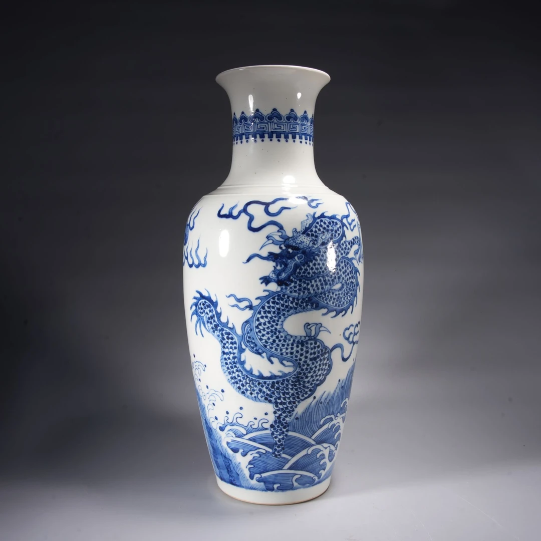 h678/清代 青花海水龙纹撇口瓶【华豫之门甄选】