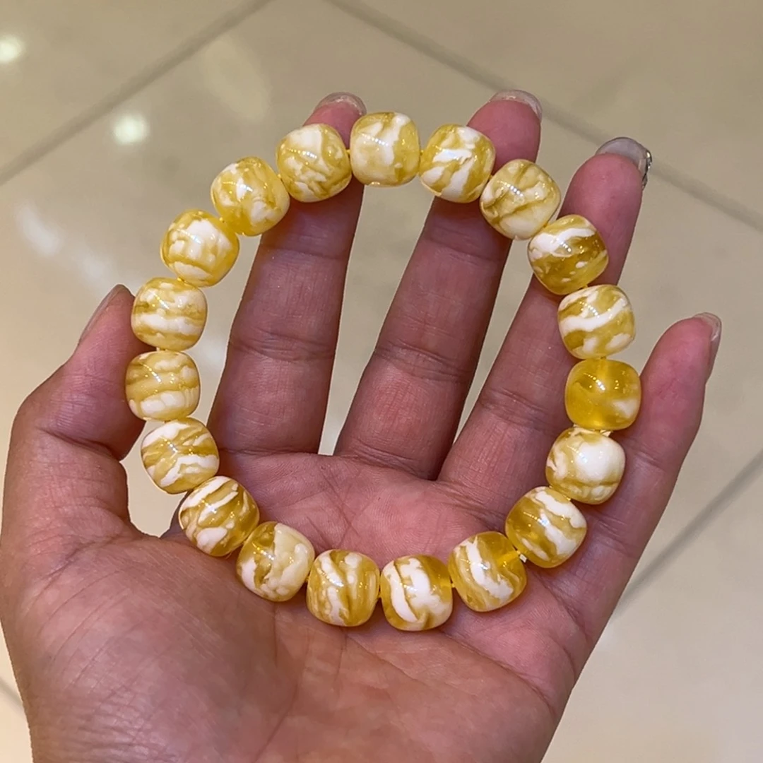 手链琥珀未镶嵌12➕同料金白虎皮纹老型手串