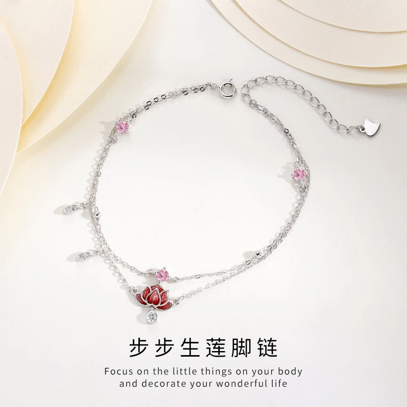 925银脚链 步步生莲脚链女国潮复古新中式个性小众精致脚饰品礼物