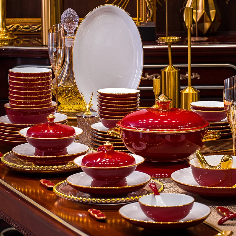 景德镇高端釉下彩陶瓷餐具轻奢金边碗碟套装乔迁结婚佳礼送贵人