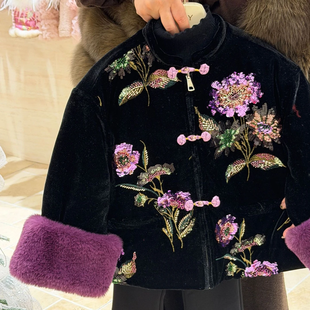 G USHI·超美重磅丝绒夹棉新中式刺绣外套·鸵鸟毛裤子女童