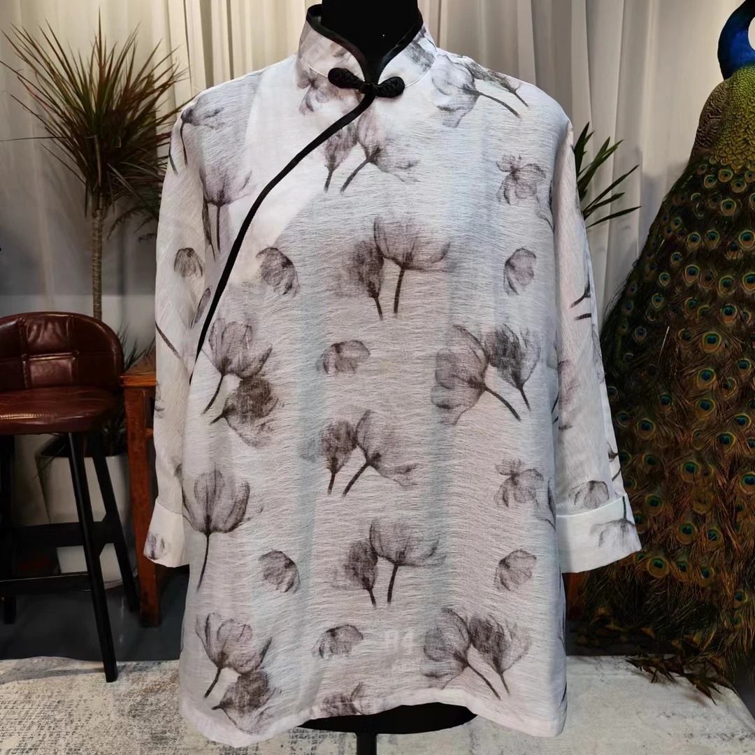 凤徕兮私人定制白底黑色荷花盘扣小站领上衣（NS141）白色