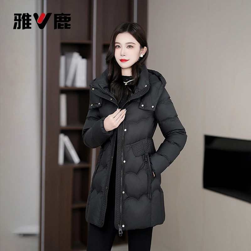 【雅鹿】新国标90白鸭绒新款时尚气质休闲减龄中长款保暖女士羽绒服