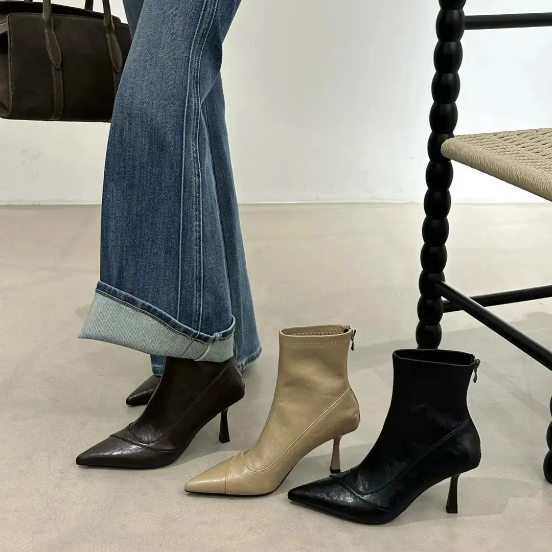 2025秋冬新款皮面显瘦细跟尖头高跟短靴法式气质时装靴拉链瘦瘦靴