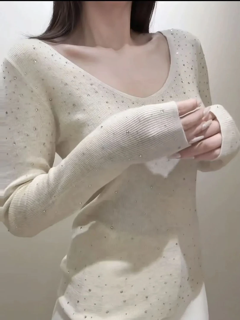 烫钻V领软糯内搭针织衫女重工韩系打底衫毛衣巨好看女上衣春秋冬