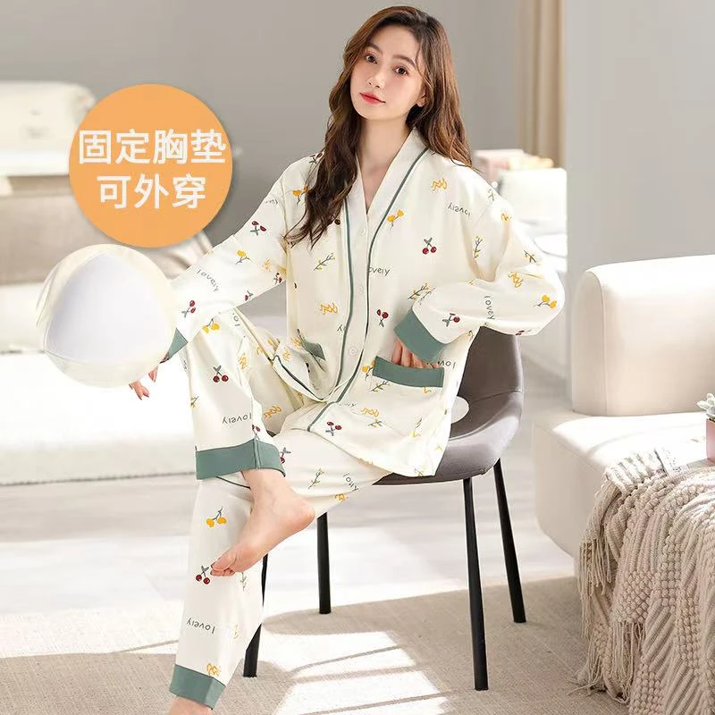 新款带胸垫睡衣女套装2025秋季新款大码长袖长裤甜美家居服