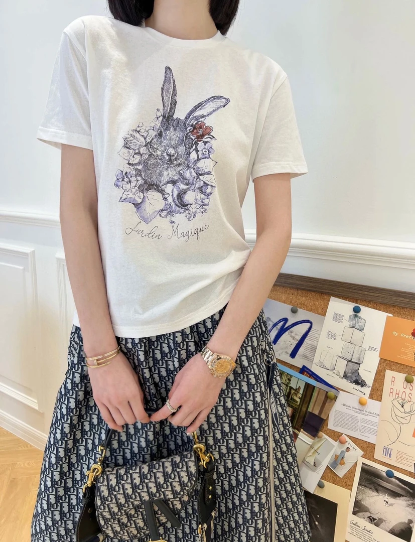 99新 DIOR/迪奥 兔子花卉印花短袖T恤 S码 D17912