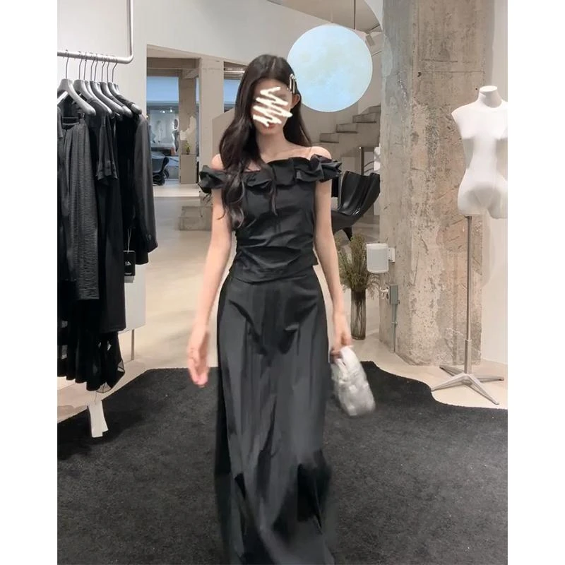 2025夏季新款高级感修身花边一字领修身上衣气质高腰显瘦半身裙子