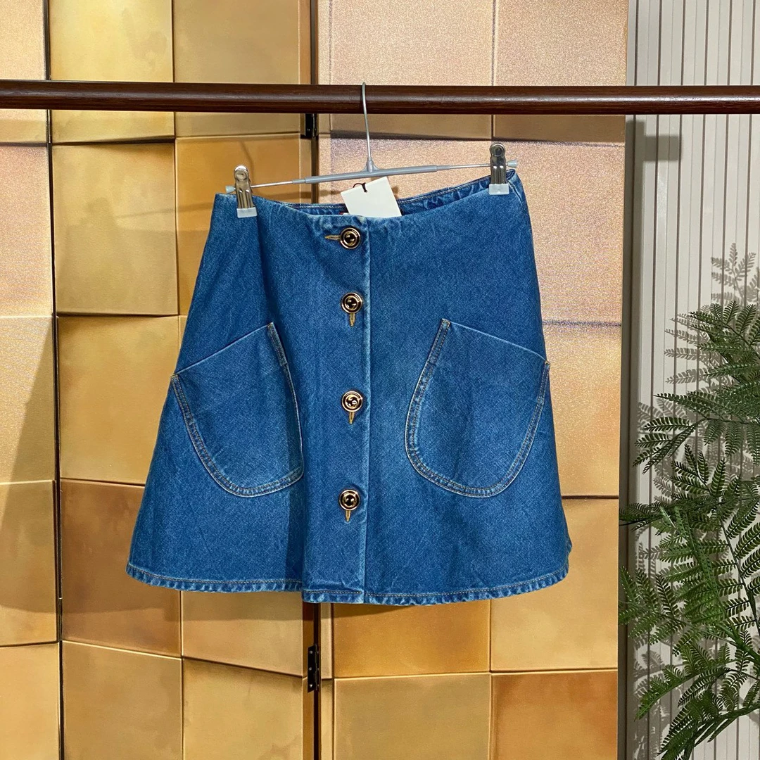 99新 GUCCI/古驰 蓝色双G纽扣牛仔半裙/36码/41042