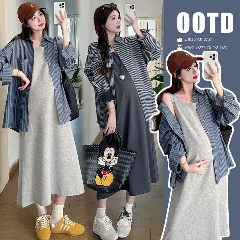 孕妇连衣裙2025新款春季套装慵懒风宽松衬衫辣妈两件套背心裙长裙